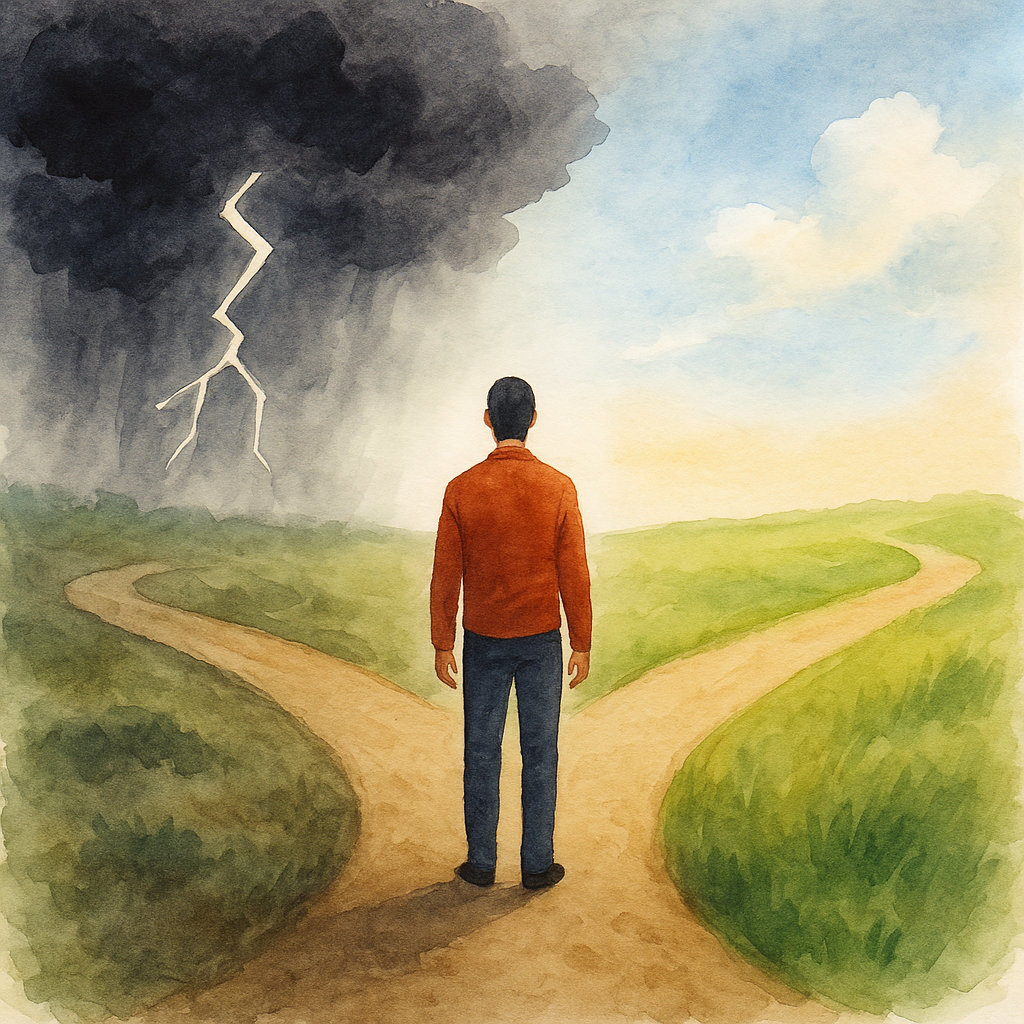 Watercolor of a person at a crossroads choosing between a catastrophic path and a calm one—visual metaphor for how to stop catastrophizing.