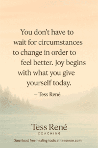 Inspirational quote about joy by Tess René on soft-toned background.