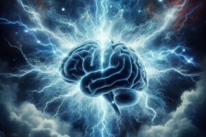 Illustration of brain with electric energy, symbolising thought patterns, in article on acceptance and accepting what is present by Tess René Coaching.