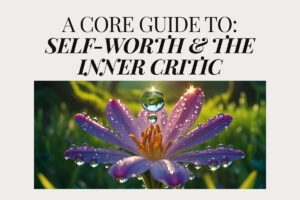 Purple flower with dew drops symbolising healing self-worth and meeting the inner critic. A visual for Tess René Coaching core self-worth guide.