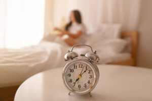 Alarm clock on bedside table, symbol of mindful morning routine in Tess René Coaching article