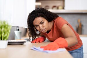 Woman cleaning with focus and frustration, illustrating the struggle with perfection in an article by Tess René Coaching.