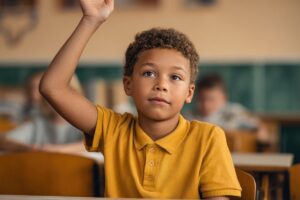 Boy raising his hand in class, symbolising small intentional questions to the self in Tess René Coaching’s article.
