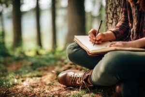 Person journaling outdoors under trees, symbolising reflection and cognitive reframing, in article by Tess René Coaching about how to stop doomsday thoughts.