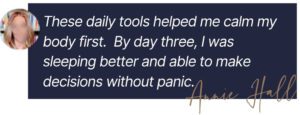 Annie Hall testimonial about calming the body first and stopping spiralling thoughts, featured in an article by Tess René Coaching on how to stop catastrophizing