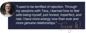 testimonial image featured in a Tess René Coaching article about feeling left out and building true belonging