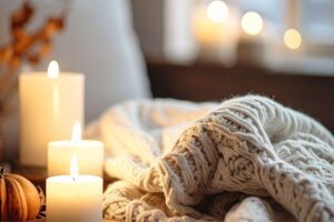 Candles and a soft knitted blanket featured in a Tess Rene Coaching article on reconnecting with love and joy.