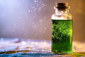 Glass bottle glowing with green light used in an article by Tess René Coaching to represent emotional alchemy and the process of transforming stress into joy through nervous system healing