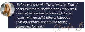 Client testimonial image in a Tess René Coaching article about fear of rejection and building authentic connection.