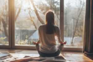 A person sitting cross-legged by a window in this Tess René Coaching article, practising gentle rocking to calm the nervous system and ease the inner child.