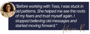 Client testimonial featured in this Tess René Coaching article, showing a woman smiling alongside a quote about personal growth and trust.