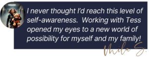 A client holding a teddy bear in a hallway shares a testimonial about self-awareness and transformation in this Tess René Coaching article.