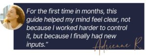 A testimonial shared with Tess René Coaching showing a woman reflecting on her experience with the Unravel Your Exhausted Mind freebie.