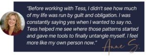 Blonde curly haired woman smiling beside a testimonial quote graphic, shown in this Tess René Coaching article about guilt, obligation, and emotional healing