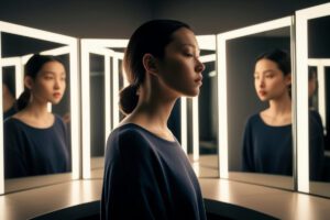 Woman surrounded by mirrors looking inward, featured in Tess René Coaching’s article about helping others too much