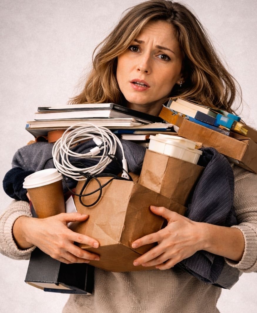 Helping others too much symbolized by an overwhelmed woman carrying many responsibilities in this Tess René Coaching article.