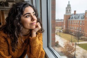 woman sitting calmly by a window looking outward, appearing reflective and grounded, in this Tess René Coaching article