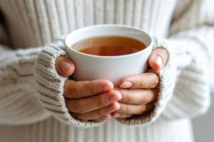 hands holding warm tea representing somatic healing practices in Tess René Coaching article on depression and anxiety