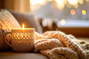 cozy candle and blanket representing staying with positive emotional moments in an article by Tess René Coaching on how to find joy in everyday life.
