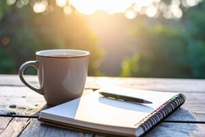 notebook and coffee on a wooden table in soft morning light, representing simple daily grounding habits in this Tess René Coaching article