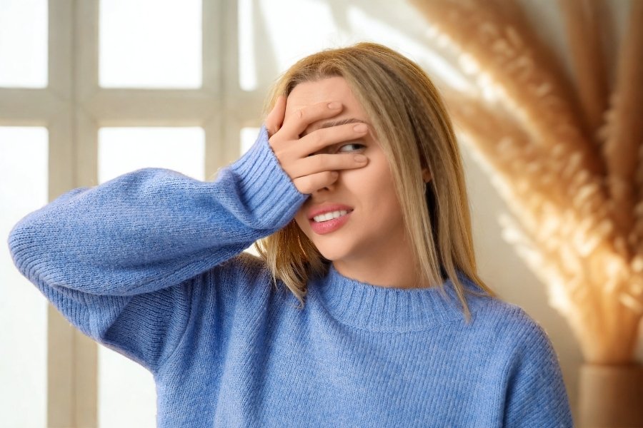 woman in a blue sweater covering part of her face with her hand while looking overwhelmed, featured in this Tess Renè Coaching article on why am I so emotional lately